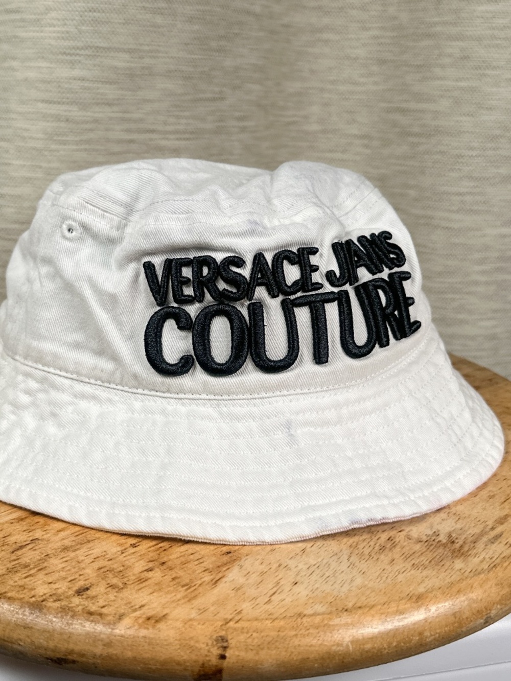 Versace Jeans Couture White Embroidered Distressed Bucket Hat Unisex One Size
